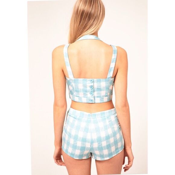 ASOS Aqua Blue Gingham 100% Cotton Strappy Crop Top Bra Top Size US 6 - Picture 2 of 6